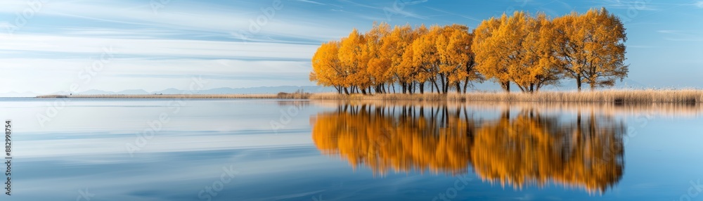 Serene autumn landscape with vibrant orange trees reflecting in still water under a clear blue sky. Serene autumn landscape with vibrant orange trees reflecting in still water under a clear blue sky.