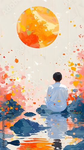 A person sits on a rock, meditating beneath a large, colorful orb, minimal illustration of mindefulness and meditation photo