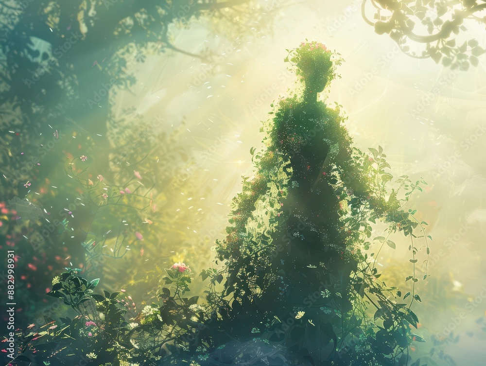 Obraz premium ethereal humanoid plant beings with luminous foliage intertwining vines for limbs and blooming flowers as features standing in a misty otherworldly garden bathed in soft magical light