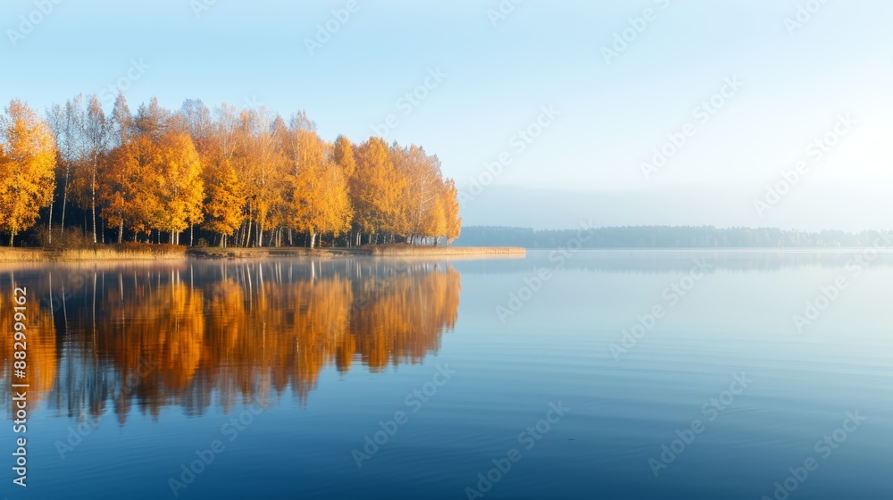 Obraz premium Beautiful autumn landscape with colorful trees reflecting on a calm lake under a clear blue sky.