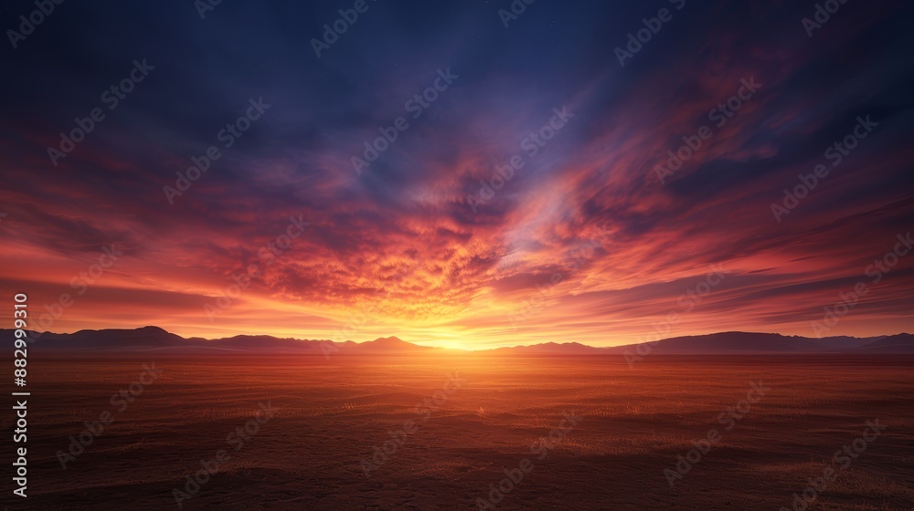 Fototapeta premium Stunning sunset with vibrant colors and a dramatic sky over an expansive desert landscape, symbolizing tranquility and natural beauty.