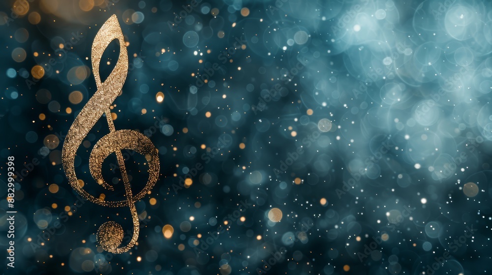 Golden treble clef symbol with blurred bokeh lights on dark background, symbolizing music and festivity in a stylish and artistic way. Golden treble clef symbol with blurred bokeh lights on dark background, symbolizing music and festivity in a stylish and artistic way.