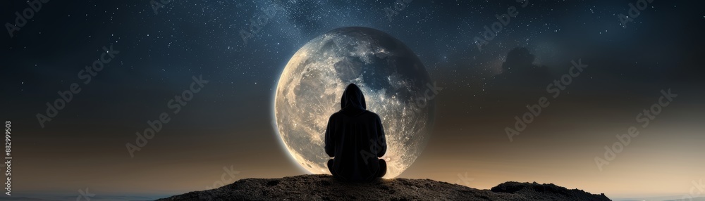 A person sits on a hilltop under the night sky, gazing at the moon in the distance, surrounded by a serene landscape and a starry sky. A person sits on a hilltop under the night sky, gazing at the moon in the distance, surrounded by a serene landscape and a starry sky.