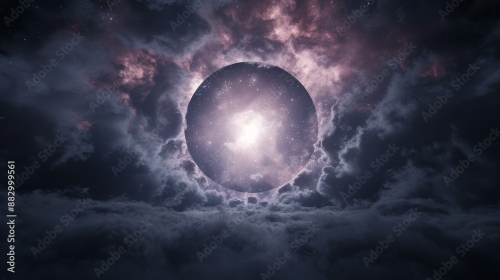 Naklejka premium Dramatic, surreal astronomical scene featuring a luminous celestial body enveloped by stormy clouds contrasted against a dark, starry night sky.