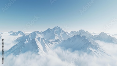 A breathtaking aerial view of snow-covered mountain peaks emerging through the clouds under a clear blue sky. Perfect for winter and nature themes. © tinnakorn