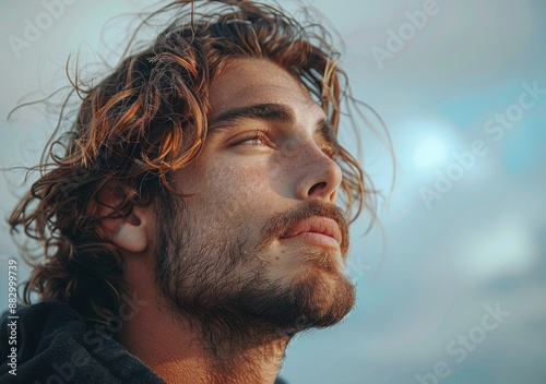 portrait of a man with closed eyes in the wind