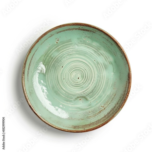 Trendy Circle Pastel Pale Green sand grain texture handmade Ceramic Dish plate, top view stoneware plate isolated white.