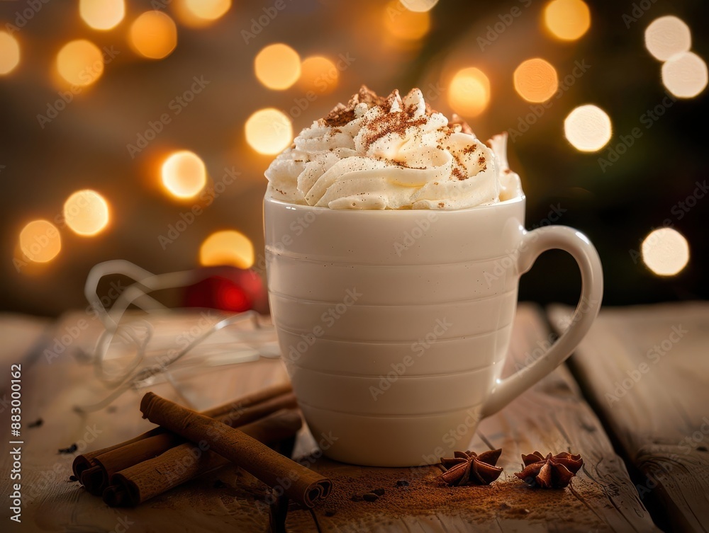 festive coffee mug with whipped cream and cinnamon holidaythemed background warm inviting glow festive coffee mug with whipped cream and cinnamon holidaythemed background warm inviting glow