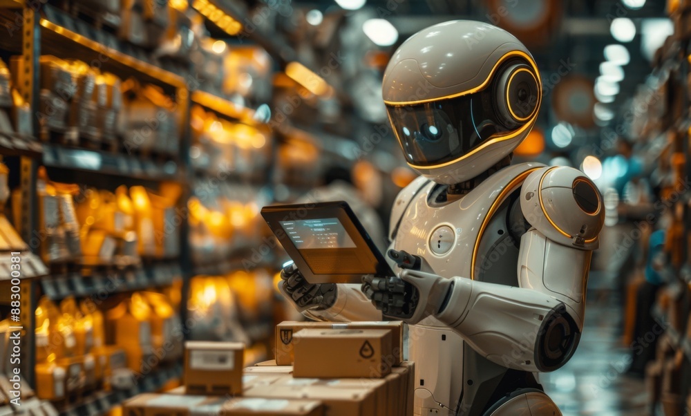 warehouse worker with a robot in a factory, a robot in a warehouse. warehouse worker with a robot in a factory, a robot in a warehouse.