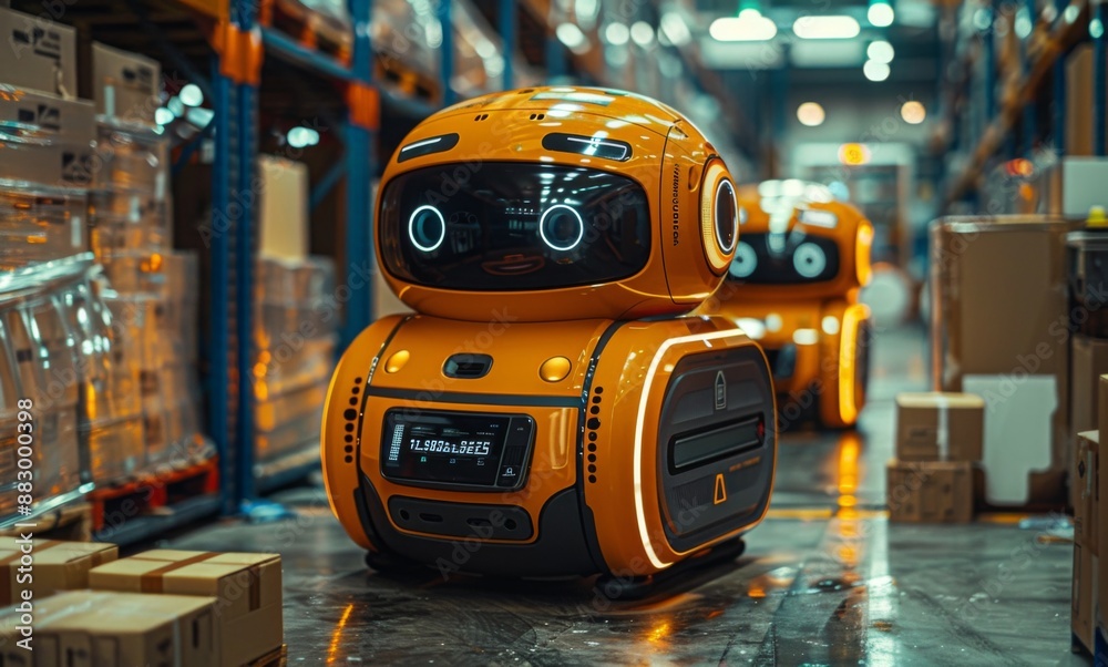 Fototapeta premium warehouse worker with a robot in a factory, a robot in a warehouse.