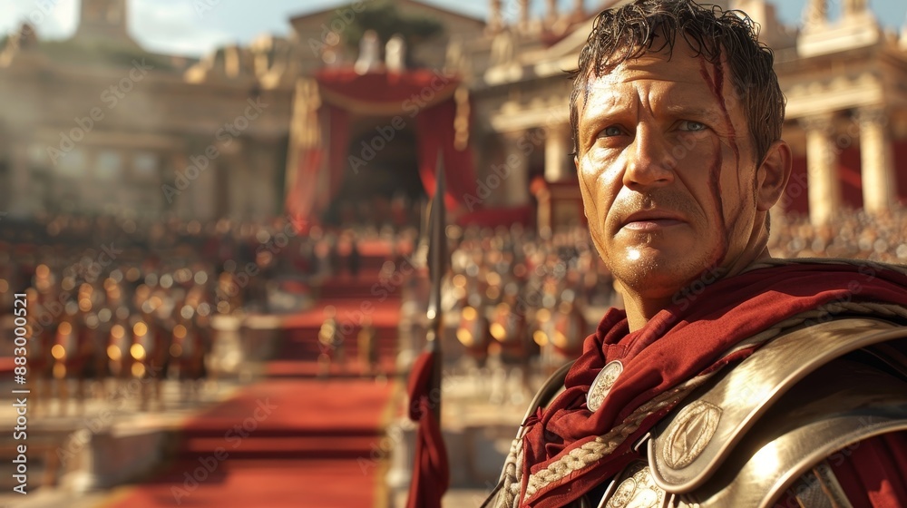 Julius Caesar-like general in a ceremonial pose with Rome architecture in the background Julius Caesar-like general in a ceremonial pose with Rome architecture in the background