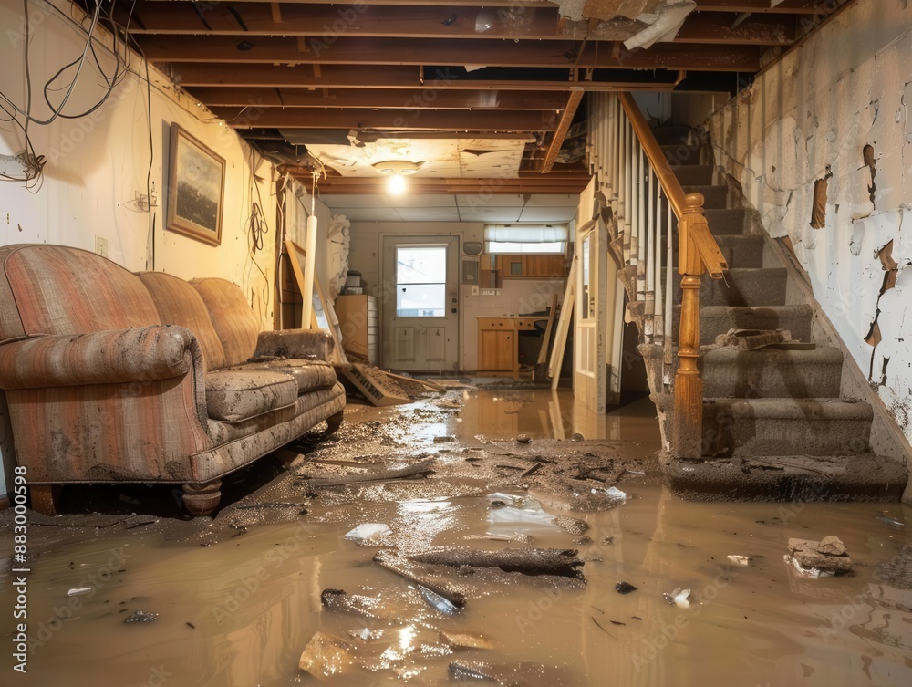 flooded basement interior with visible water damage emphasizing the destructive power of nature and the importance of disaster preparedness