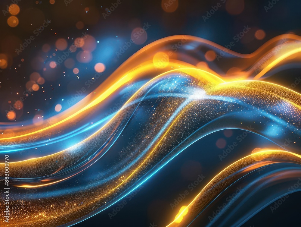 futuristic abstract composition of gold and blue neon waves dynamic light trails and bokeh effects creating sense of highspeed data transfer and technological advancement