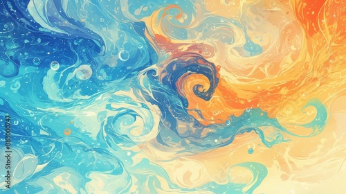 Abstract Fluid Art with Vibrant Blue and Orange Swirls, Dynamic and Colorful Background