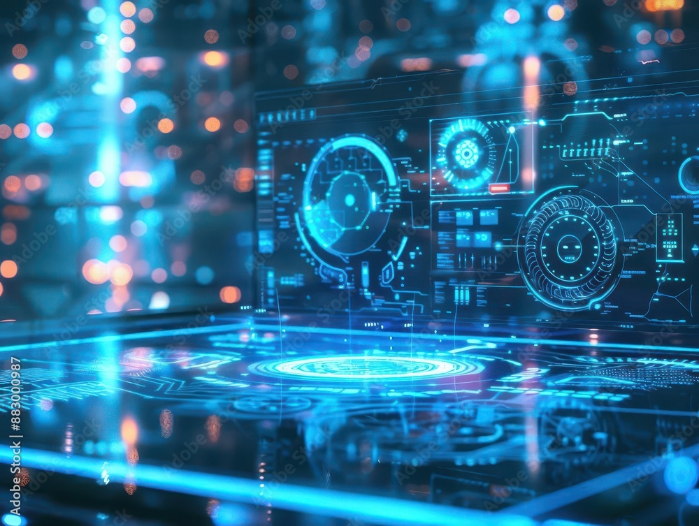 futuristic data visualization holographic screens display intricate flowcharts aipowered automation symbols cool blue tones geometric patterns futuristic data visualization holographic screens display intricate flowcharts aipowered automation symbols cool blue tones geometric patterns