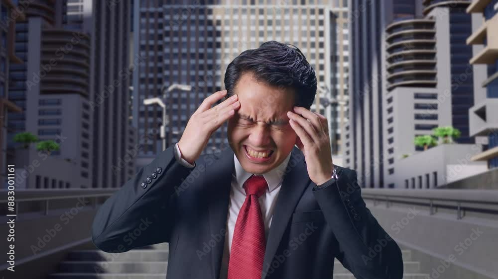 An Asian Business Man Having Headache While Standing In City An Asian Business Man Having Headache While Standing In City
