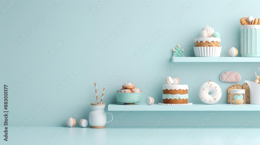Pastel-colored pastry display with cakes, cupcakes, and donuts on light blue shelves against a matching background, creating a sweet and calm atmosphere. Pastel-colored pastry display with cakes, cupcakes, and donuts on light blue shelves against a matching background, creating a sweet and calm atmosphere.