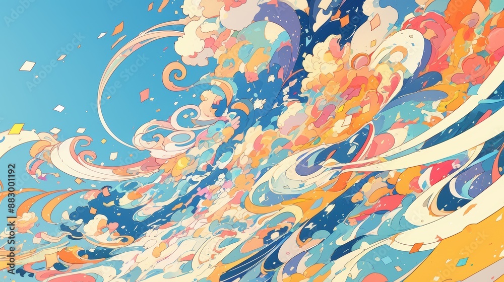 Vibrant Abstract Digital Art with Colorful Swirls and Dynamic Patterns in a Blue Sky Background Vibrant Abstract Digital Art with Colorful Swirls and Dynamic Patterns in a Blue Sky Background