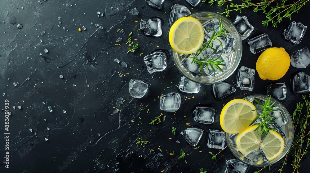 Refreshing Cocktails with Ice, Lemon, and Herbs on a Table. Top Down View of a Glass of Gin Next to an Old Fashioned Cocktail on a Black Background. Space for Text Available. Perfect for Beverage and Refreshing Cocktails with Ice, Lemon, and Herbs on a Table. Top Down View of a Glass of Gin Next to an Old Fashioned Cocktail on a Black Background. Space for Text Available. Perfect for Beverage and