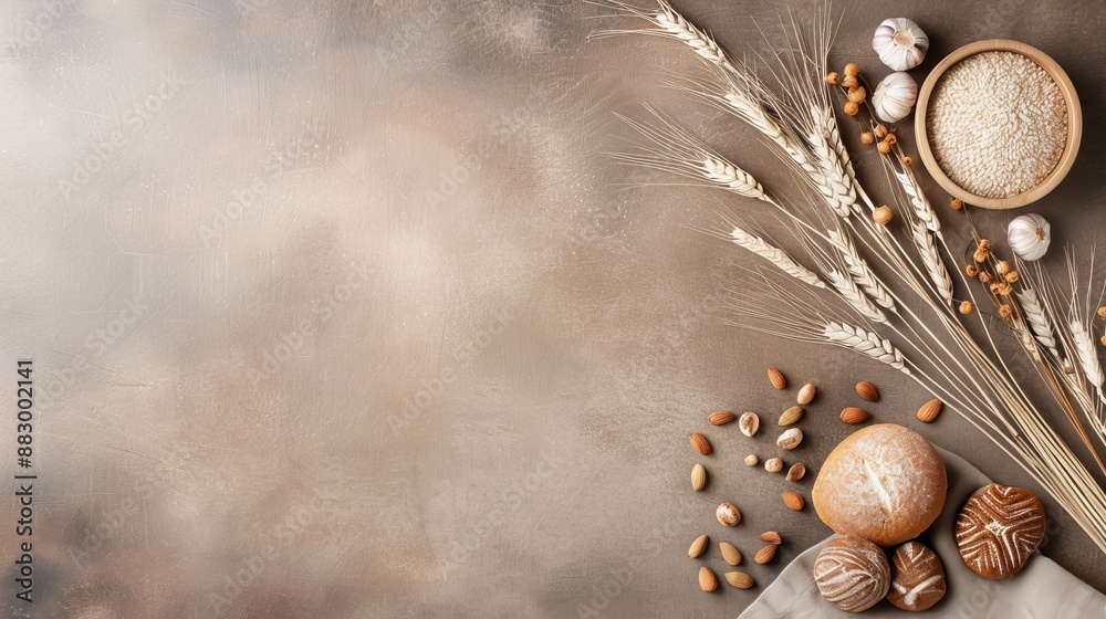 Obraz premium Rustic autumn background with wheat, nuts, and bread on a textured surface. Harvest-themed still life with copy space.