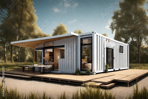 Modern shipping container house home, tiny house in sunny day