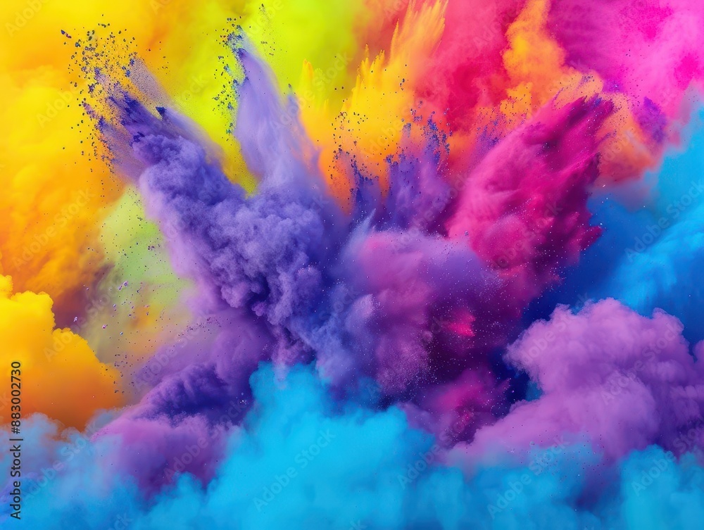 Fototapeta premium holi color explosion dynamic burst of vibrant powder pigments freezeframe capture rainbow palette billowing dust clouds joyful atmosphere