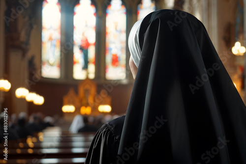 A serene nun in contemplation amidst the stained glass glow of an ornate church