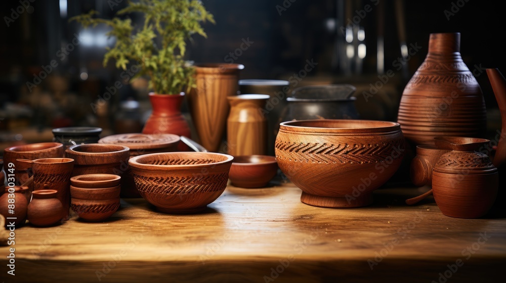 A close-up shot of handcrafted wooden kitchen tools, showcasing intricate wood grain and skilled craftsmanship, ideal for culinary-themed stock ... A close-up shot of handcrafted wooden kitchen tools, showcasing intricate wood grain and skilled craftsmanship, ideal for culinary-themed stock ...