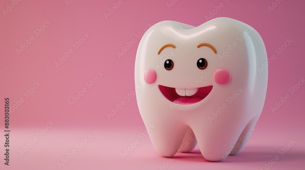 Happy anthropomorphic tooth smiling with rosy cheeks on pink background. Happy anthropomorphic tooth smiling with rosy cheeks on pink background.