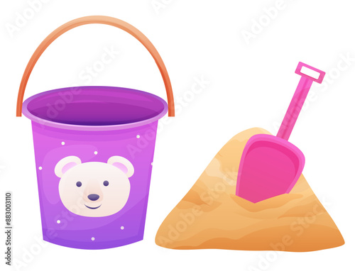 Set of kids toys for game with sand, bucket and spade. Vector illustration