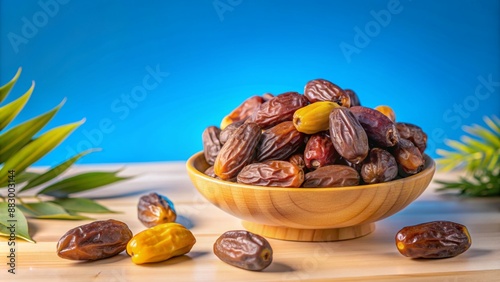 Wooden bowl filled with delicious and nutritious dried date fruits photo