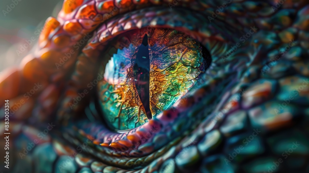 Obraz premium Realistic detail of dragon eyes with colored leather