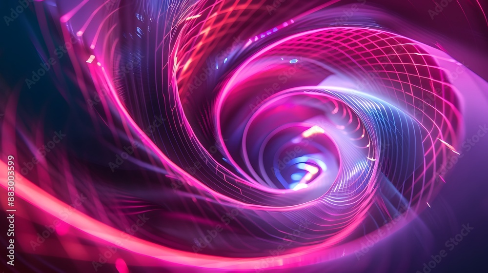 Graphic design art of abstract illusion of spiral with geometric shapes of pink and violet neon lines. Graphic design art of abstract illusion of spiral with geometric shapes of pink and violet neon lines.