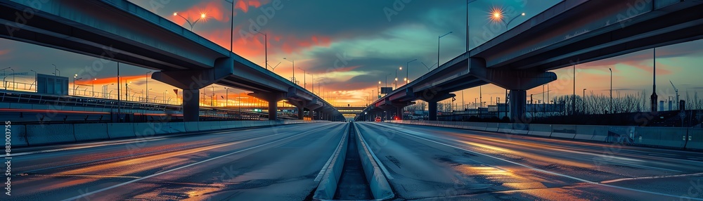 A long and winding road stretches out into the distance, with a beautiful sunset lighting up the sky above A long and winding road stretches out into the distance, with a beautiful sunset lighting up the sky above