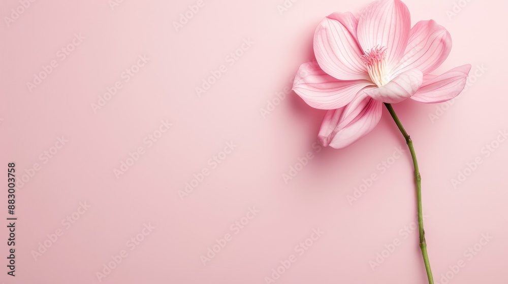 Single pink flower on pastel background, minimalistic composition highlighting delicate petals and serene beauty in a simple setting. Single pink flower on pastel background, minimalistic composition highlighting delicate petals and serene beauty in a simple setting.