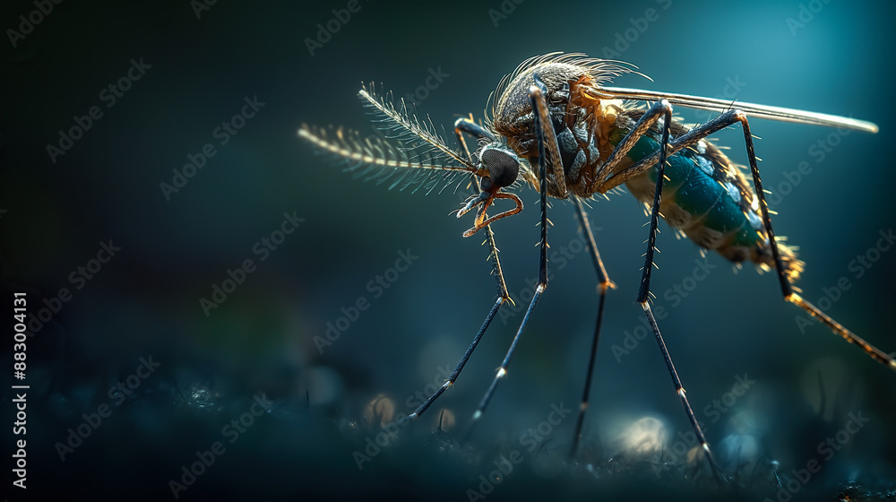 Naklejka premium A mosquito that carries dengue fever and Zika virus is sucking blood. The concept of disease transmission, public health risk, and the importance of mosquito control. Generative AI.