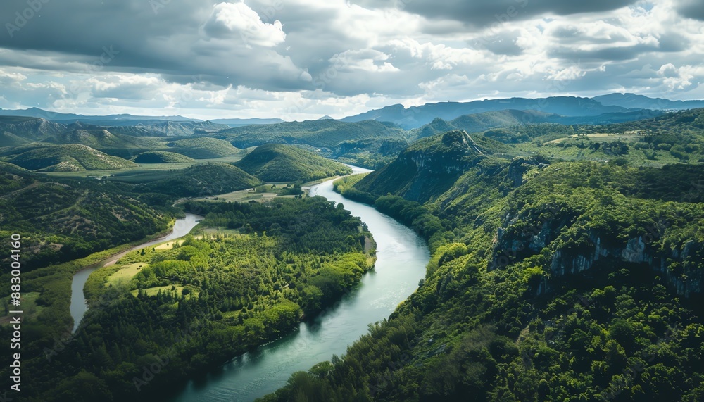The river winds its way through the lush green valley, with steep cliffs rising up on either side The river winds its way through the lush green valley, with steep cliffs rising up on either side