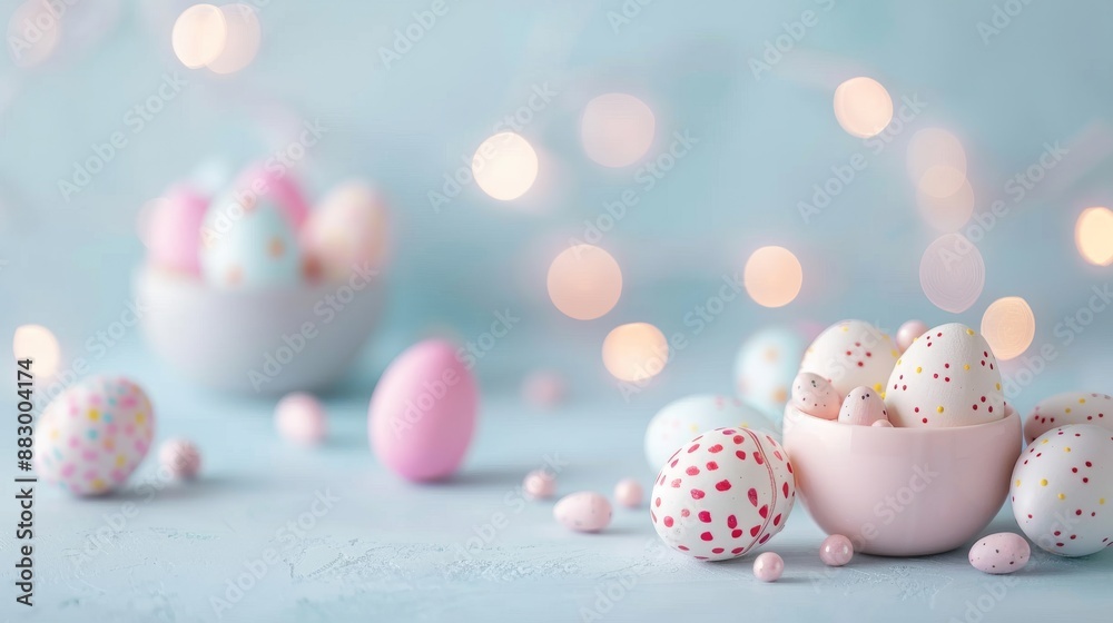 Fototapeta premium Soft pastel Easter eggs in bowls with bokeh lights on a light blue background, creating a festive and springtime atmosphere.
