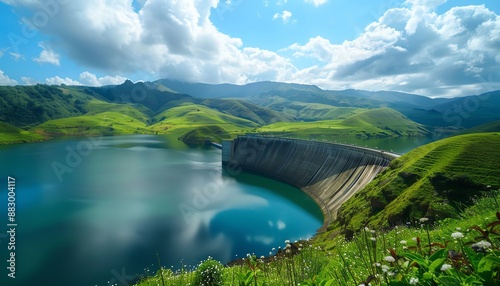 A massive concrete dam menahan air sungai yang besar dan menciptakan danau yang luas. Langit biru cerah dihiasi awan putih. Pegunungan hijau mengelilingi danau. photo