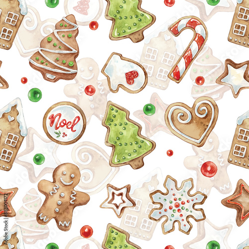 Seamless pattern of cute Watercolor Gingerbread. Christmas gingerbread cookies. Christmas decorations. Vector watercolor illustration of Christmas tree, snowflake, house, stars, heart, man, candy.