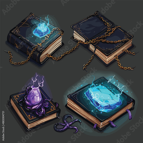 Magical Books with Gemstones and Chains. Fantasy Illustration