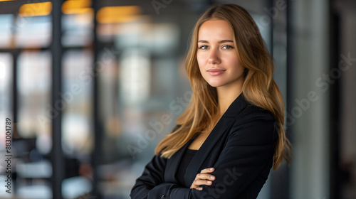 Confident businesswoman is posing with arms crossed in modern office building Free Download Confident businesswoman is posing with arms crossed in modern office building - GFXLoad