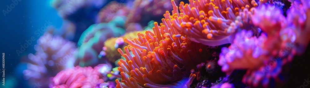 Glowing in the deep, a mesmerizing world of vibrant corals and graceful sea anemones. Glowing in the deep, a mesmerizing world of vibrant corals and graceful sea anemones.