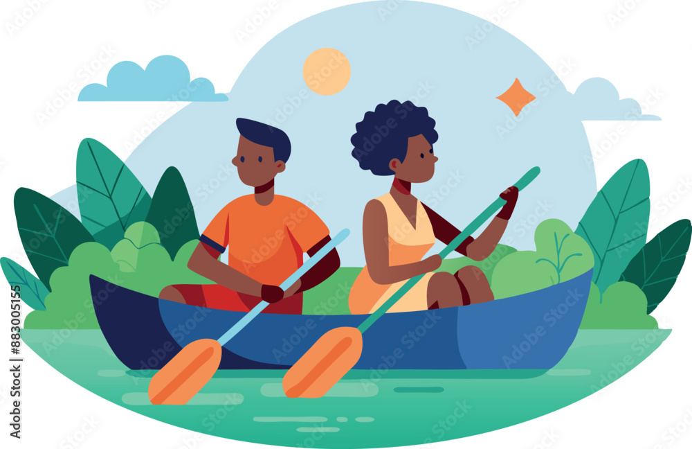 Two people kayaking on a calm lake Two people kayaking on a calm lake
