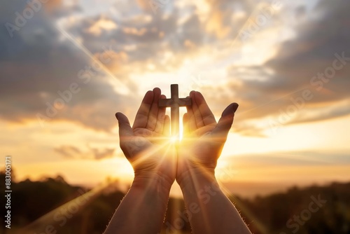 Sunrise Prayer Hands Holding Christian Cross