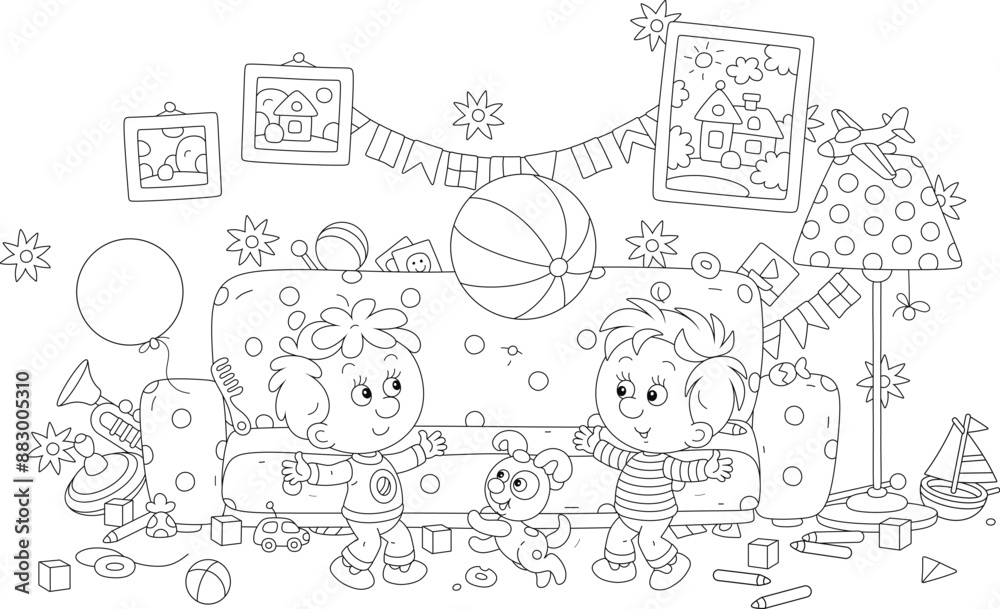 Obraz premium Funny little boys with a puppy romping and merrily playing a striped ball in their room with a big soft sofa and many colorful toys scattered in mess, black and white vector cartoon illustration