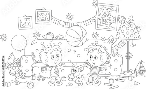 Funny little boys with a puppy romping and merrily playing a striped ball in their room with a big soft sofa and many colorful toys scattered in mess, black and white vector cartoon illustration