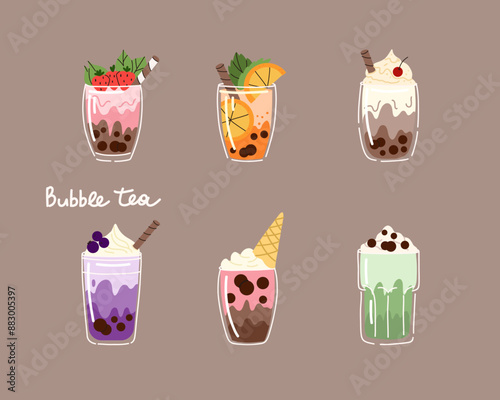 Bubble tea. Coffee and milkshakes with boba balls. Summer cold drink with tapioca pearls. Glass and takeaway plastic cups. Fruit yummy smoothie. Doodle drawing. Cartoon isolated illustration