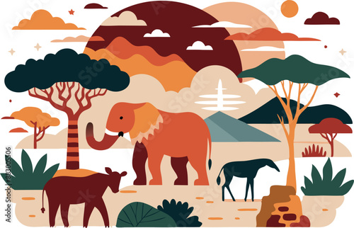 Wildlife safari with animals and landscape