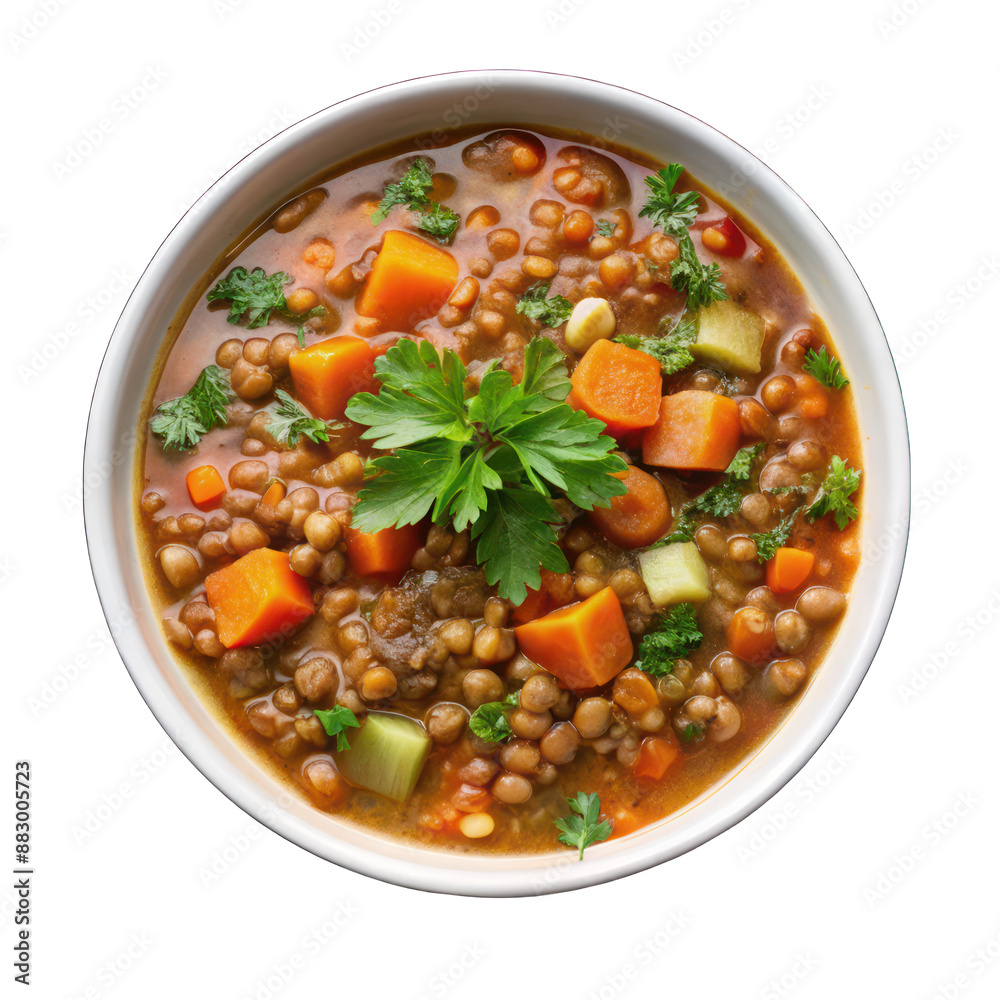 White bowl of lentil soup top view isolated on transparent background White bowl of lentil soup top view isolated on transparent background